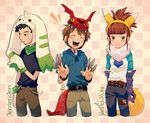  2boys :d ^_^ animal_ears belt black_hair blush brown_hair closed_eyes cosplay digimon digimon_tamers fake_animal_ears gloves guilmon guilmon_(cosplay) heart heart_print hood hoodie li_jianliang makino_ruki mask matsuda_takato multiple_boys open_mouth ponytail red_hair renamon renamon_(cosplay) smile sweatdrop t_k_g terriermon terriermon_(cosplay) 