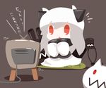  chibi commentary cushion highres horns kantai_collection monster northern_ocean_hime nuu_(nu-nyu) open_mouth pale_skin red_eyes shinkaisei-kan sitting solo television translated triangle_mouth turret white_hair 