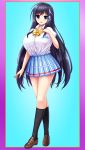  1girl black_hair blue_eyes blush breasts btk female full_body hair_ornament honoo_no_haramase_paidol_my_star_gakuen_z hoshizaki_amane huge_breasts long_hair looking_at_viewer open_mouth school_uniform shirt shoes skirt socks solo squeez white_shirt 