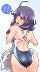  !! 1girl ahoge apron ass blush competition_swimsuit highres kantai_collection long_hair low_ponytail one-piece_swimsuit open_mouth purple_hair red_eyes solo spoken_exclamation_mark swimsuit taigei_(kantai_collection) twintails yoshi_tama 