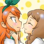  bad_id bad_pixiv_id blush bow brown_hair closed_eyes hair_bow heart inazuma_eleven_(series) inazuma_eleven_go long_hair lowres multiple_girls ohshioyou orange_hair seto_midori sweat upper_body yamana_akane yuri 