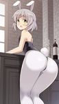  ass blush bottle bunny_girl bunnysuit from_behind glastonbury1966 green_eyes grey_hair leotard looking_back one-piece_thong pantyhose sanya_v_litvyak short_hair solo strike_witches thong_leotard world_witches_series 