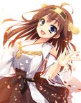  :d bad_id bad_pixiv_id bare_shoulders blouse blue_eyes breasts brown_hair detached_sleeves double_bun hair_ornament hairband headgear highres japanese_clothes kantai_collection kongou_(kantai_collection) long_hair long_sleeves looking_at_viewer medium_breasts nontraditional_miko open_mouth petals ribbon-trimmed_sleeves ribbon_trim simple_background skirt smile solo suidou_(kyupirapper) white_background 