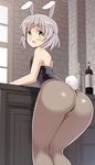  ass blush bottle bunny_girl bunnysuit fishnets from_behind glastonbury1966 green_eyes grey_hair leotard looking_back one-piece_thong pantyhose sanya_v_litvyak short_hair solo strike_witches thong_leotard world_witches_series 