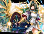  armor athena_(p&amp;d) breastplate character_name dress gauntlets green_hair helmet long_hair magic meer_rowe puzzle_&amp;_dragons red_eyes shield solo sparkle text_focus very_long_hair white_dress wings 