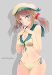  :o absurdres adapted_costume artist_name beret bikini blue_eyes blush bow breasts brown_hair clothes_writing cowboy_shot dated error_musume front-tie_bikini front-tie_top girl_holding_a_cat_(kantai_collection) grey_background hair_bow hat highres kantai_collection large_breasts looking_at_viewer navel sailor_bikini sailor_collar shadow shoshinsha_mark side-tie_bikini simple_background solo steepled_fingers swimsuit tebi_(tbd11) twintails 