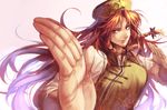  alternate_eye_color braid breasts foreshortening hat hong_meiling large_breasts long_hair open_hands red_eyes red_hair ruukii_drift side_braid smile solo star touhou twin_braids very_long_hair 