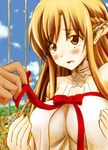  asuna_(sao) blush bow breasts brown_eyes brown_hair flower large_breasts long_hair naruse pointy_ears ribbon sword_art_online titania_(sao) 