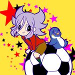  ball bird chino_(kapuriko1023) flat_color inazuma_eleven_(series) inazuma_eleven_go male_focus miyabino_reiichi penguin sitting smile soccer_ball soccer_uniform solo sportswear star teikoku teikoku_soccer_uniform telstar yellow_background 