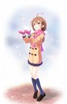  ahoge brown_eyes brown_hair coat enpera long_hair looking_up mittens open_mouth original pink_scarf scarf school_uniform snow snowing solo yuushi_(renkun) 