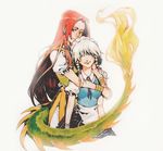  ama_(mosaicowen) braid dragon_girl dragon_tail half-closed_eyes hands_together hong_meiling hug hug_from_behind izayoi_sakuya long_hair looking_at_viewer maid_headdress multiple_girls no_hat no_headwear puffy_short_sleeves puffy_sleeves red_hair short_hair short_sleeves side_braid smile tail touhou traditional_media twin_braids v_arms watercolor_(medium) white_hair yuri 