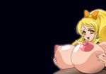  1boy 1girl areolae black_background blonde_hair breasts censored cure_honey earrings female gigantic_breasts hair_ornament hair_ribbon happinesscharge_precure! jewelry long_hair nipples oomori_yuuko open_mouth paizuri penis precure puffy_nipples raisuta ribbon simple_background solo solo_focus yellow_eyes 