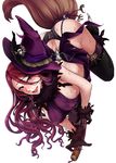  blue_eyes blush breasts broom broom_riding covered_nipples garter_straps hat large_breasts long_hair looking_at_viewer original red_hair satou_saori solo sweat thighhighs witch witch_hat 