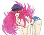  1girl bent_over big_hair blue_eyes breasts choker cleavage cutoffs denim denim_shorts downblouse final_fight hair_over_one_eye hat large_breasts lips lipstick long_hair makeup peaked_cap pink_hair poison_(final_fight) shorts sketch solo steffydoodles tank_top 
