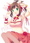  :d animal_ears bow breasts brown_hair cat_ears cat_tail character_name choker cleavage fang green_eyes hair_bow hair_ribbon idolmaster idolmaster_cinderella_girls looking_at_viewer maekawa_miku medium_breasts navel open_mouth paw_pose ponytail ribbon ribbon_choker smile solo tail takase_kanan 