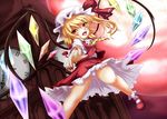  :d ascot aya-on_(miria00) bare_legs blonde_hair clock clock_tower flandre_scarlet frilled_skirt frills hat hat_ribbon highres mary_janes mob_cap open_mouth panties pantyshot red_eyes red_sky ribbon scarlet_devil_mansion shoes short_hair short_sleeves skirt sky smile touhou tower underwear vest wings 