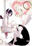  1girl black_hair flower gears heart original petals prin_dog short_hair white_hair wings 