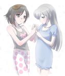  2girls artist_request black_hair blue_eyes blush collarbone embarrassed hand_holding long_hair looking_at_another multiple_girls nightgown object_on_head pajamas polka_dot polka_dot_legwear ruby_rose rwby short_hair silver_eyes silver_hair sleep_mask tank_top weiss_schnee yuri 