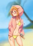  beach bikini day glasses hands_in_pockets hood hoodie kazuma_muramasa navel open_clothes open_hoodie orange_hair outdoors palm_tree precure red-framed_eyewear semi-rimless_eyewear shirabe_ako side-tie_bikini solo string_bikini suite_precure swimsuit tree under-rim_eyewear 