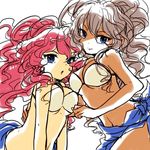  2girls archangel_metatron_(p&amp;d) bikini bikini_top blue_eyes breast_press breasts cleavage dark_angel_metatron_(p&amp;d) dark_skin dual_persona hand_on_another&#039;s_back hand_on_another's_back long_hair looking_at_viewer midriff multiple_girls navel no_wings pikomarie pink_hair ponytail puzzle_&amp;_dragons silver_hair simple_background smile solo spot_color swimsuit towel underboob wavy_mouth white_background white_bikini white_swimsuit 