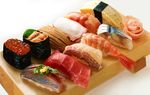  food gunkanmaki highres ikura_(food) jiji_(kbj0225) making_of nigirizushi no_humans omelet original photorealistic roe salmon sea_urchin shrimp still_life sushi sushi_geta tamagoyaki tuna white_background 