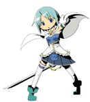  armband belt blue_eyes blue_hair cape gloves hiroshima_mikan magical_girl mahou_shoujo_madoka_magica miki_sayaka open_mouth parody sekaiju_no_meikyuu short_hair simple_background solo soul_gem style_parody sword thighhighs weapon white_background zettai_ryouiki 