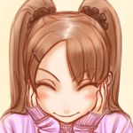  blush brown_hair close-up closed_eyes commentary_request hair_ornament hairclip hands_on_own_face kamisuki original smile solo sweater twintails 