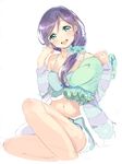  bad_id bad_pixiv_id blush breasts green_eyes highres long_hair looking_at_viewer loungewear love_live! love_live!_school_idol_project medium_breasts midriff open_mouth pillow purple_hair sitting smile solo striped toujou_nozomi twintails ume_(plumblossom) white_background 