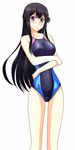 :| bangs black_hair black_swimsuit blush breast_hold breasts buddy_complex closed_mouth clothes_writing competition_swimsuit covered_navel cowboy_shot crossed_arms hair_ornament hairclip head_tilt highres holding_arm kenken large_breasts long_hair looking_at_viewer one-piece_swimsuit purple_eyes sidelocks simple_background slender_waist solo standing swimsuit very_long_hair white_background yumihara_hina 