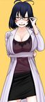  adjusting_eyewear antenna_hair black_hair blush_stickers breast_hold breasts cecile-sensei cleavage glasses kamisuki labcoat large_breasts miniskirt open_mouth original short_hair skirt smile solo yellow_eyes 