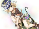  atelier_(series) atelier_shallie bag bare_legs blonde_hair dutch_angle full_body hat katla_larchica shako_cap shirt shoes short_hair shorts sitting smile solo yellow_eyes yugi_(magical-dreamer) 