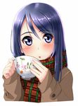  blue_eyes blue_hair blush coat cup long_hair looking_at_viewer open_mouth original scarf solo steam takebi 