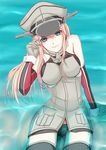  bad_id bad_pixiv_id bare_shoulders bismarck_(kantai_collection) black_legwear black_panties blue_eyes breasts dd139 elbow_gloves from_above gloves hat kantai_collection large_breasts long_hair looking_at_viewer looking_up military military_uniform panties partially_submerged peaked_cap sitting smile solo thighhighs underwear uniform water 