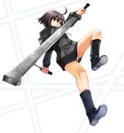  alternate_color black_hoodie boots brown_eyes brown_hair dual_wielding eiji_(eiji) full_body holding hood hoodie knife linne panties pantyshot player_2 reverse_grip short_hair solo sword under_night_in-birth underwear weapon white_background white_panties 