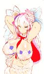  absurdres armpits arms_behind_head arms_up bangs between_breasts bikini blue_eyes bow breasts cape cleavage covered_nipples cowboy_shot curvy flat_color flower frilled_bikini frills front-tie_top fur_trim graz hair_between_eyes hair_flower hair_ornament hat highres huge_breasts josephine_(sengoku_collection) light_smile long_hair looking_at_viewer mini_hat naughty_face navel necktie necktie_between_breasts sarong see-through sengoku_collection simple_background smile solo swimsuit underboob very_long_hair white_background white_bikini white_hair white_swimsuit 
