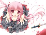  :d bad_id bad_pixiv_id banned_artist black_dress black_legwear bow breasts cleavage dress frilled_dress frills from_above gasai_yuno hair_bow hair_ribbon katana long_hair looking_at_viewer looking_up mirai_nikki open_mouth petals pink_eyes pink_hair reaching ribbon sitting small_breasts smile solo suihi sword thighhighs very_long_hair weapon zettai_ryouiki 