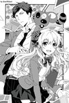  1girl artist_name bad_id bad_pixiv_id bow d_midiror gekkan_shoujo_nozaki-kun hair_bow monochrome necktie nozaki_umetarou open_mouth paper pen polka_dot polka_dot_bow rouman_academy_uniform sakura_chiyo school_uniform smile tanuki 