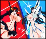  2girls angry areolae bangs battle black_hair blue_eyes blunt_bangs blush breasts cameltoe darthsaburou erect_nipples glowing heart heart-shaped_pupils huge_breasts junketsu kill_la_kill kiryuuin_satsuki matoi_ryuuko midriff multicolored_hair multiple_girls navel red_hair senketsu sharp_teeth siblings sisters slender_waist suspenders sweat symbol-shaped_pupils thong two-tone_hair 