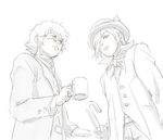  bowler_hat cane cowboy_shot cup glasses hair_over_one_eye hat helpyourselfish iesupa male_focus monochrome mug multiple_boys professor_ozpin roman_torchwick rwby sketch 