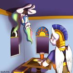  2014 anthro anthrofied armor blue_eyes blue_hair breasts chair cleavage clothed clothing equine female friendship_is_magic galea glass hair hobbsmeerkat male mammal my_little_pony orange_juice pegasus plate princess_celestia_(mlp) purple_eyes royal_guard_(mlp) table upside_down window wings 