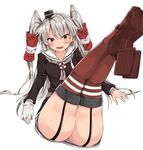  1girl amatsukaze_(kantai_collection) ass blush brown_eyes embarrassed fang garter_straps gloves hair_tubes kantai_collection legs legs_up long_hair looking_at_veiwer looking_at_viewer open_mouth school_uniform silver_hair smile solo thighhighs two_side_up wavy_mouth 