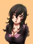  black_eyes black_hair blush_stickers breasts cleavage eyebrows kamisuki large_breasts long_hair open_mouth original solo thick_eyebrows 