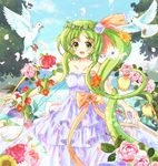  :d alternate_costume bare_shoulders bird collarbone daiso daiyousei dove dress flower frilled_dress frills green_eyes green_hair long_hair looking_at_viewer open_mouth petals pigeon rose side_ponytail smile solo_focus sunflower touhou 