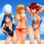  animal_ears ass beach bikini blonde_hair blue_eyes blue_hair borrowed_character braid breasts brown_eyes butt_crack cat_ears competition_swimsuit day highres horns long_hair multiple_girls one-piece_swimsuit original pointy_ears red_eyes red_hair sakushin short_hair slingshot_swimsuit smile swimsuit twin_braids 