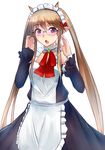  animal_ears apron bespectacled blush brown_hair detached_sleeves dress elf glasses highres long_hair looking_at_viewer maid maid_headdress myucel_foalan open_mouth outbreak_company pointy_ears purple_eyes solo swordwaltz twintails very_long_hair white_background 