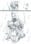  2girls bell-hiko blush breast_rest breasts breasts_on_head claws comic covered_nipples covering_head dress greyscale horn kantai_collection large_breasts long_hair mittens monochrome multiple_girls northern_ocean_hime open_mouth rain ribbed_dress seaport_hime shinkaisei-kan short_dress sweatdrop translated wavy_mouth 