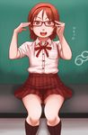  blush brown_eyes brown_hair glasses hairband highres kamisuki kneehighs open_mouth original ribbon school_uniform short_hair skirt smile socks solo 