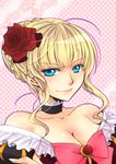  bare_shoulders beatrice blonde_hair blue_eyes bow breasts choker cleavage flower hair_bun hair_flower hair_ornament md5_mismatch medium_breasts pink_bow rose smile sousui_hani umineko_no_naku_koro_ni 