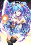  black_legwear blue_eyes blue_hair breasts butterfly_wings cleavage detached_sleeves hair_ornament halo highres large_breasts long_hair looking_at_viewer open_mouth original roh_nam_kyung solo twintails wings 