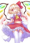  ;d aya-on_(miria00) blonde_hair crop_top crop_top_overhang finger_to_mouth flandre_scarlet frilled_skirt frills hair_ribbon highres midriff navel no_hat no_headwear one_eye_closed open_mouth panties petticoat puffy_short_sleeves puffy_sleeves red_eyes ribbon short_sleeves side_ponytail skirt smile thigh_gap thighhighs touhou underwear white_panties wings wrist_cuffs 
